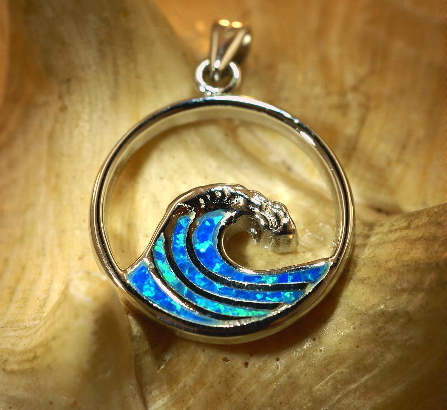 23.5MM RHODIUM 925 SILVER INLAID OPAL HAWAIIAN CRESTING OCEAN WAVE PENDANT #2
