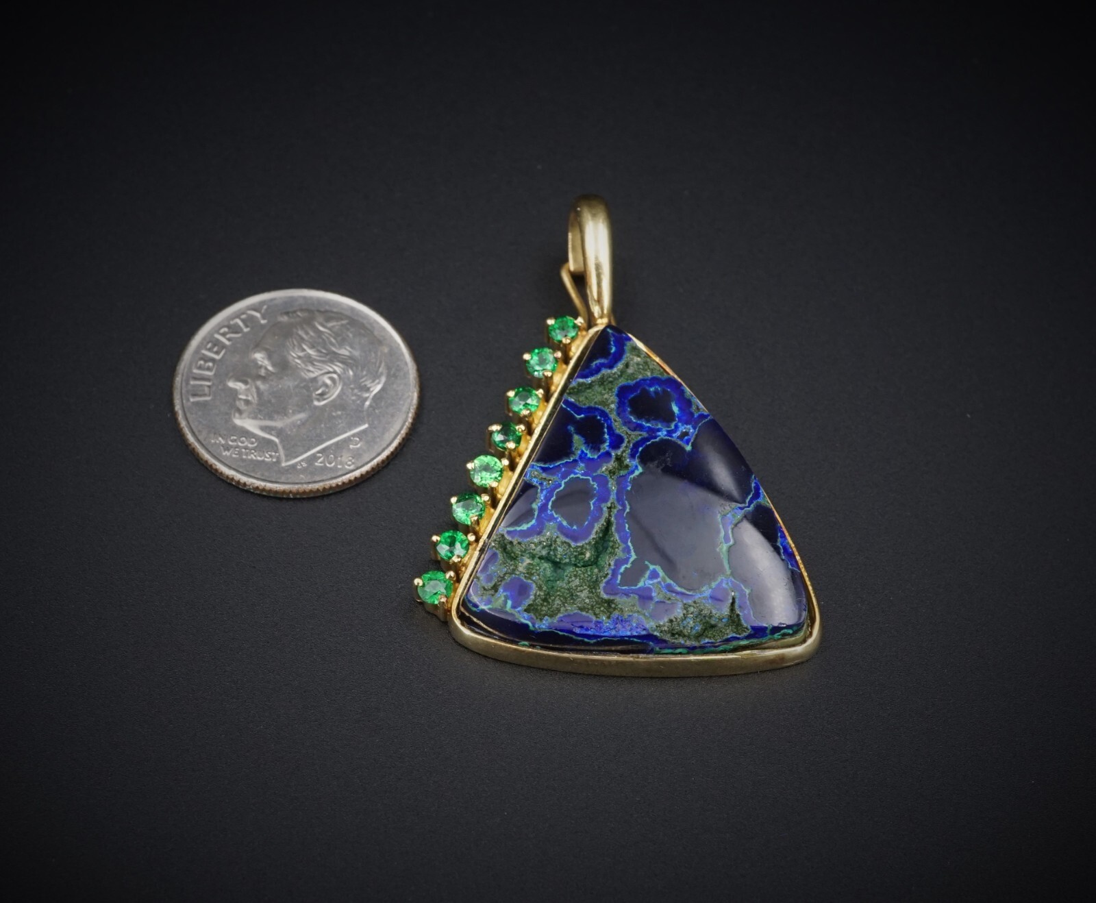 Artisan 18k Yellow Gold Azurite Slab Garnet Enhancer Pendant 1.5″ PG1731