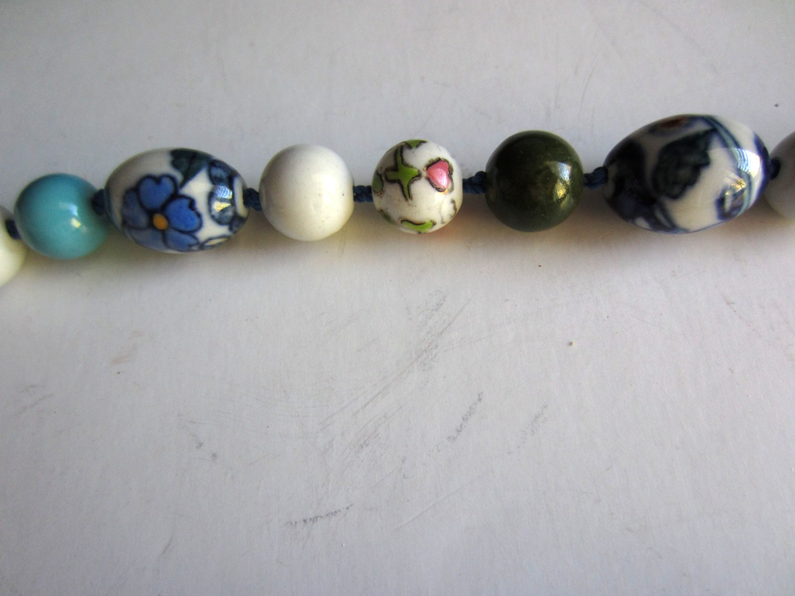 Mixed Porcelain Beaded Necklace Knotted Sterling Clasp 23.5″