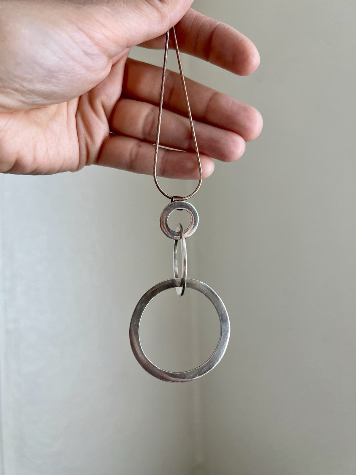 Sterling Silver 925 Round Triple Circle Statement Pendant Snake Chain Necklace