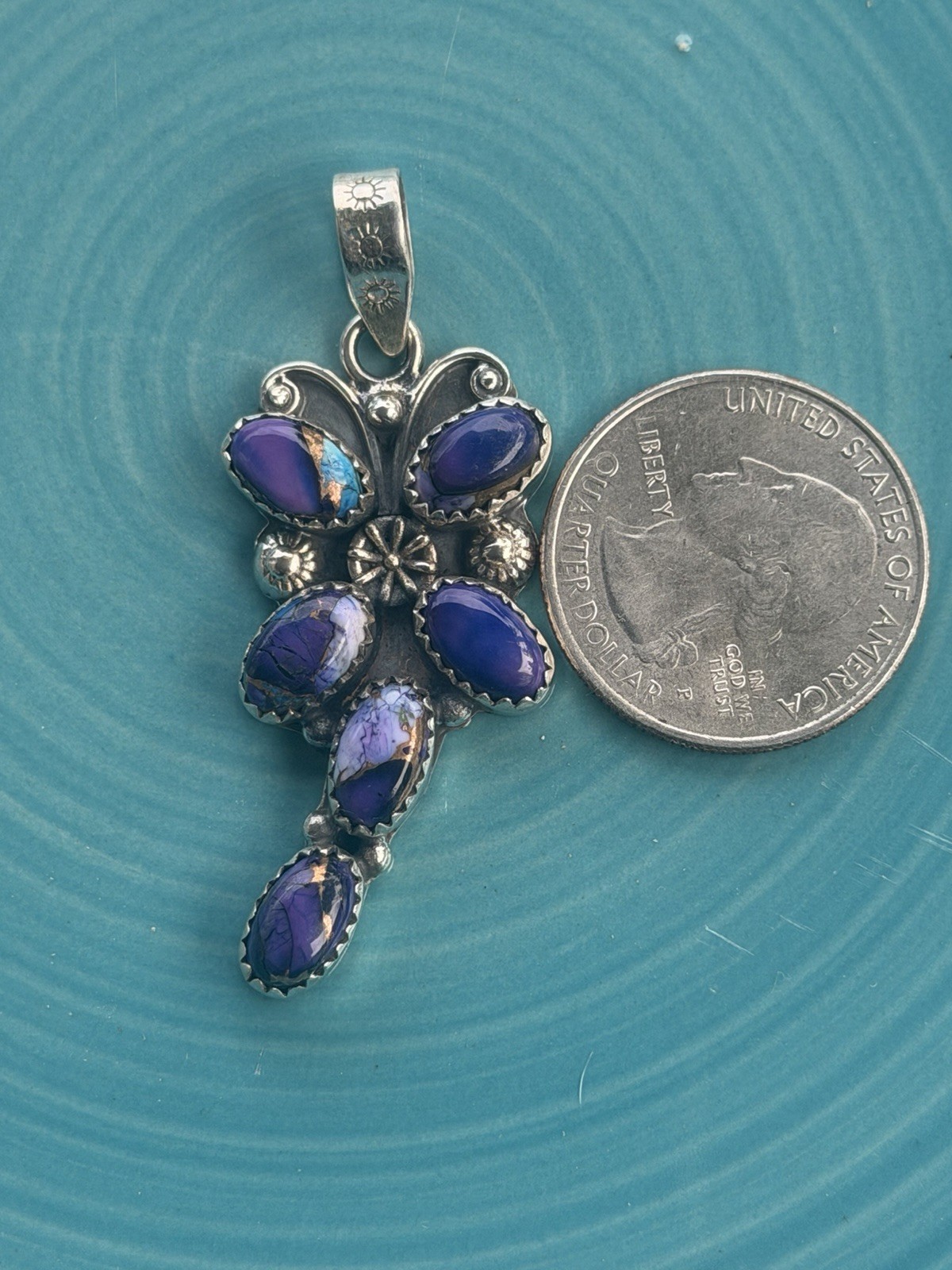 925 Sterling Silver Purple Dahlia Turquoise Cluster dragonfly Pendant