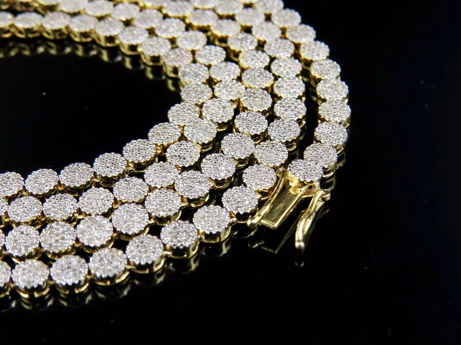 Mens 10K Yellow Gold 1 Row Cluster 7 CT. Natural Diamond Chain Necklace 30″in