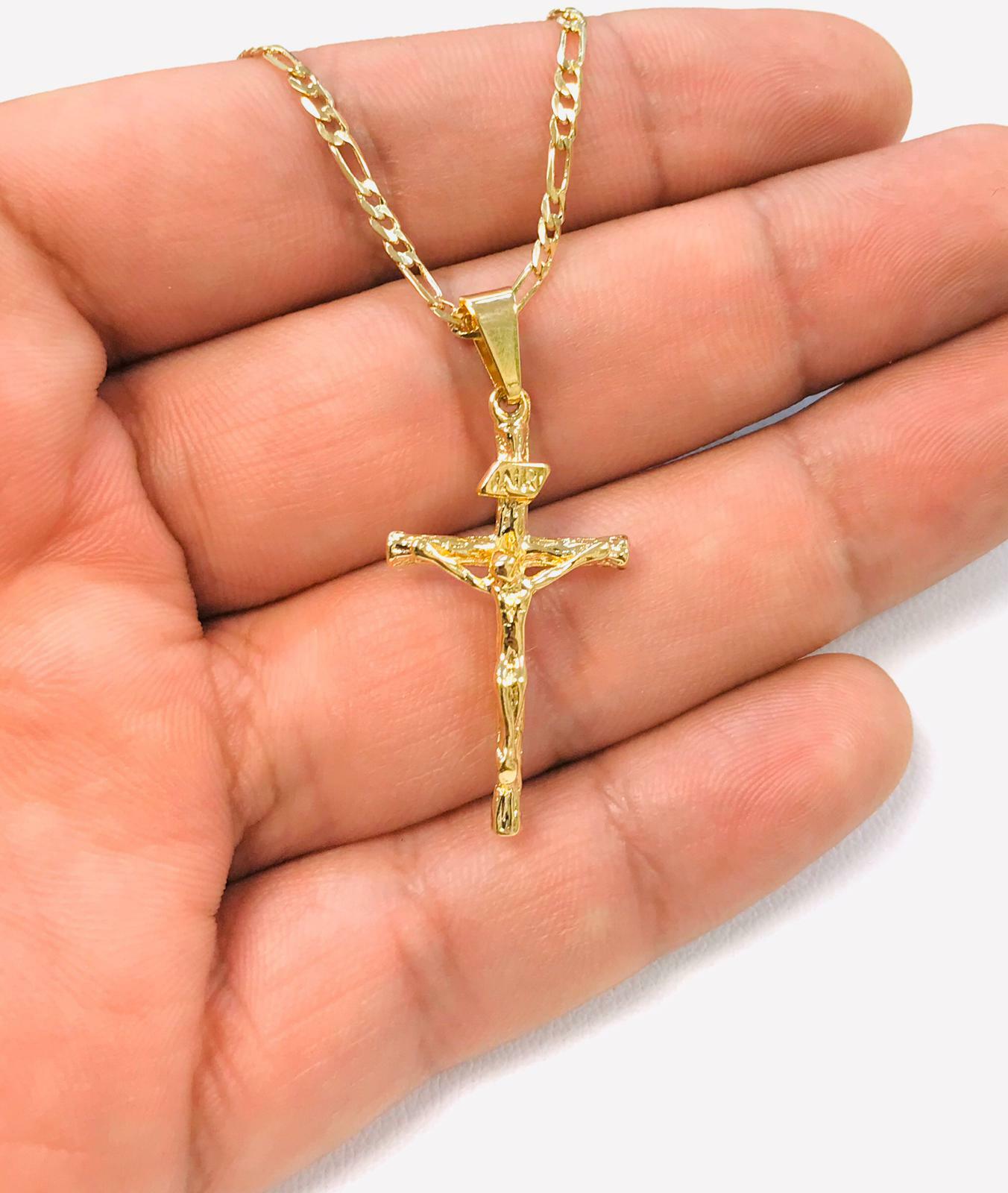 Rustic Cross Necklace 14K Gold F Crucifix Pendant Figaro Link Chain 20″ Womens