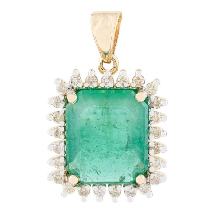 Best Seller ! Emerald Natural Green Emerald & Diamond Pendant 14k Yellow Gold