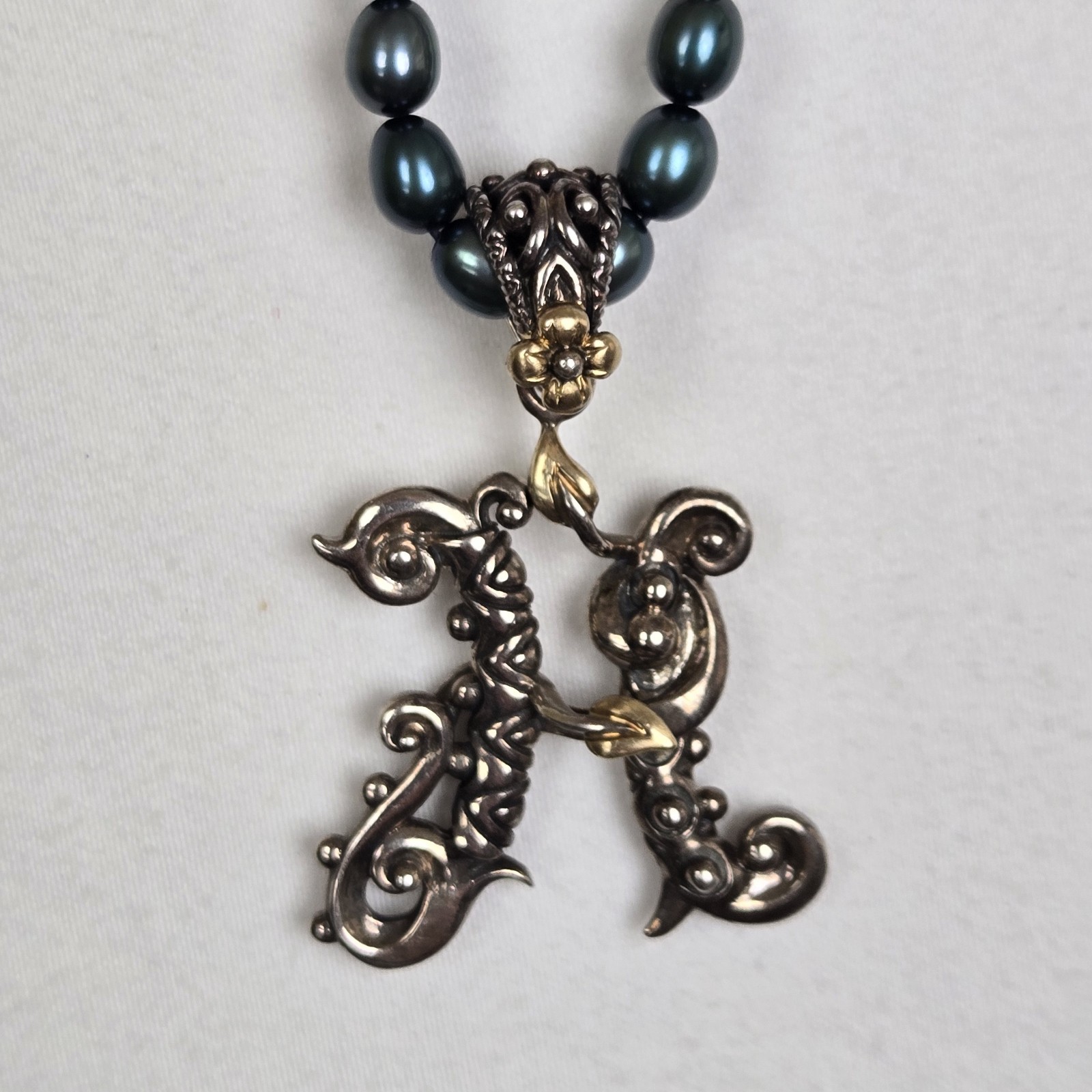 Barbara Bixby Thailand 18k & 925 Pearl Necklace And Initial H Pendant