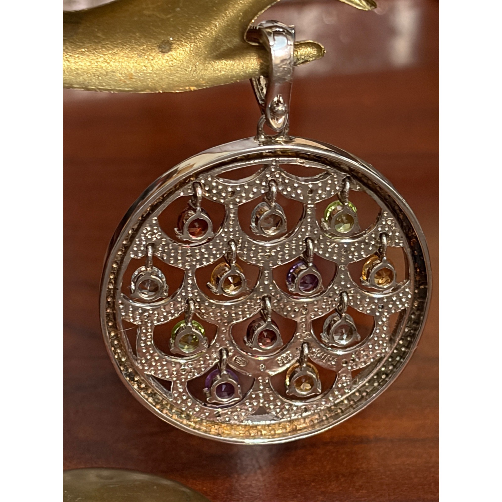 Unbranded 925 Sterling Silver Multi-Gemstone Scalloped Circle Pendant Large