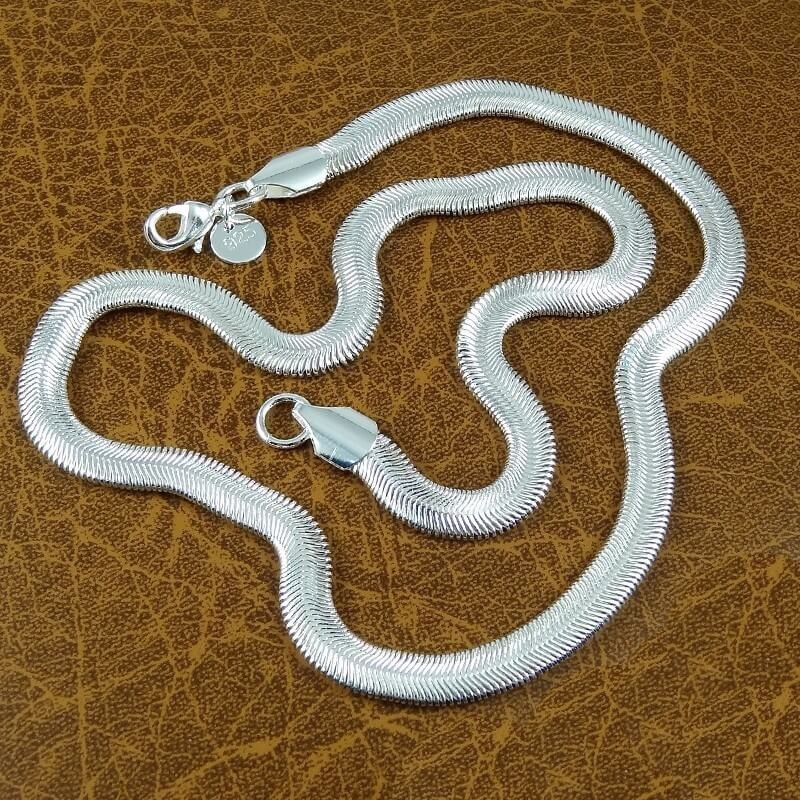 Solid Silver 6mm Wide Flat Link Snake Chain Necklace