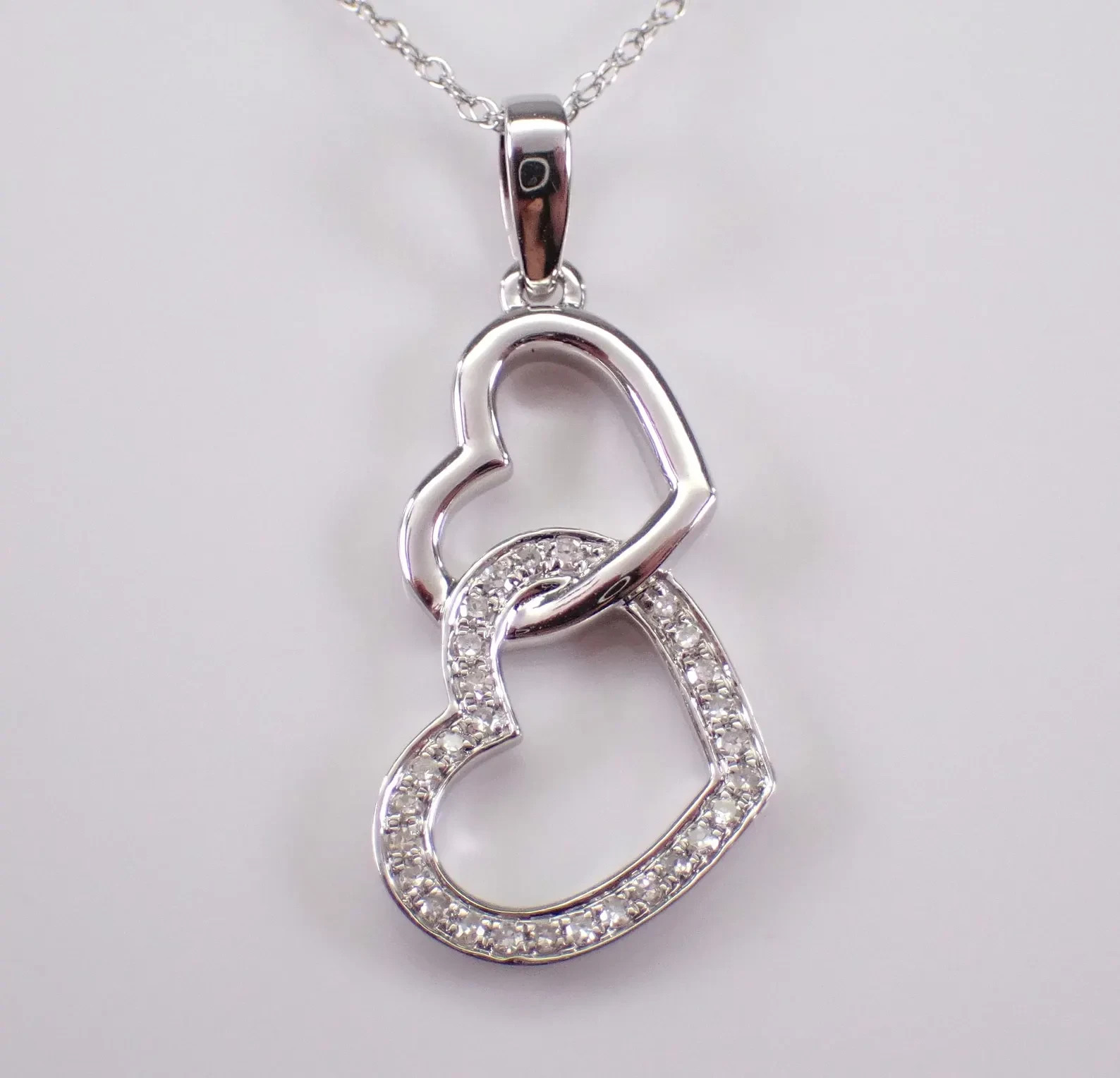 0.40 CT Round Moissanite Double Heart Pendant Necklace, 14K White Gold Plated