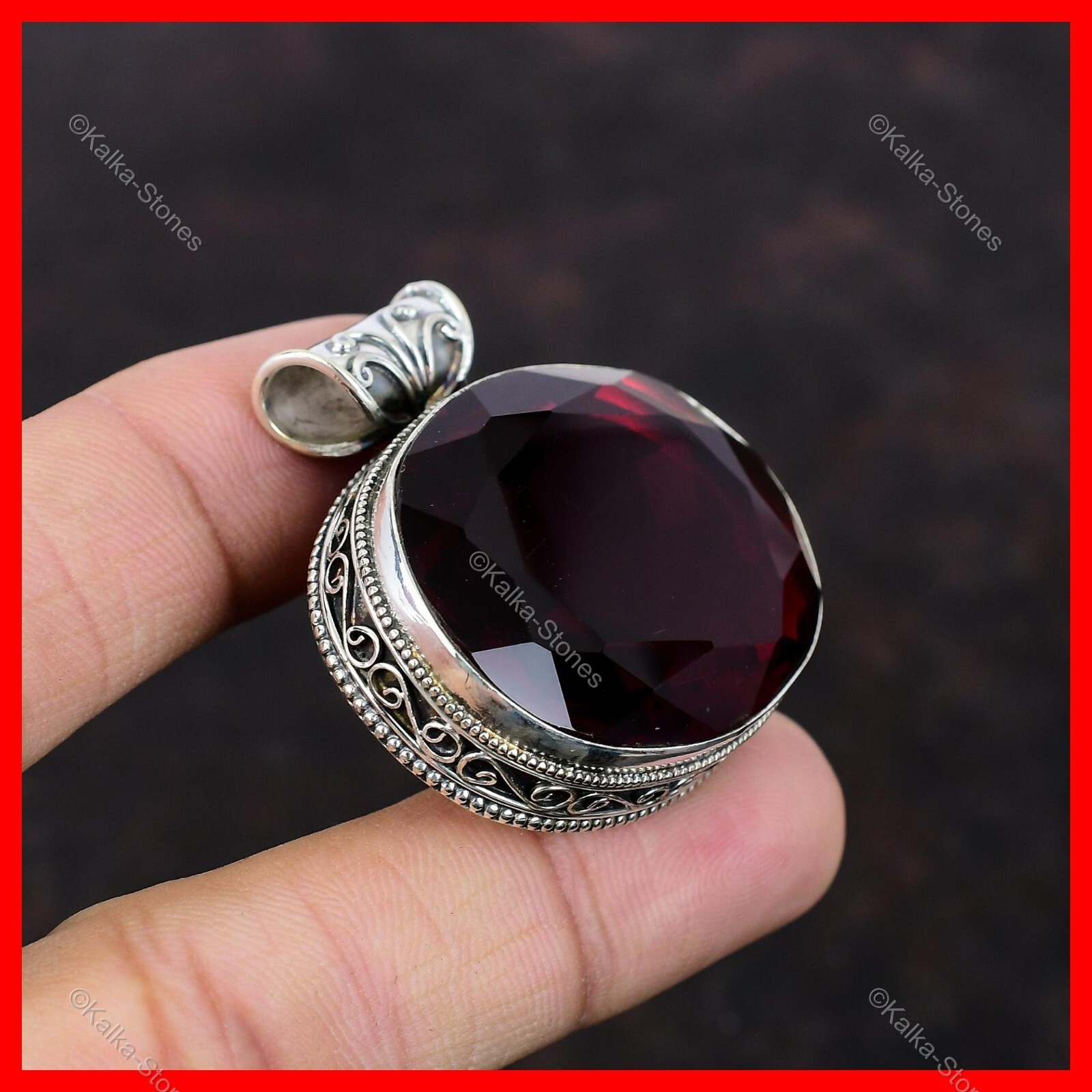 Natural Mozambique Garnet 925 Sterling Silver Bezel Vintage Ethnic New Pendant