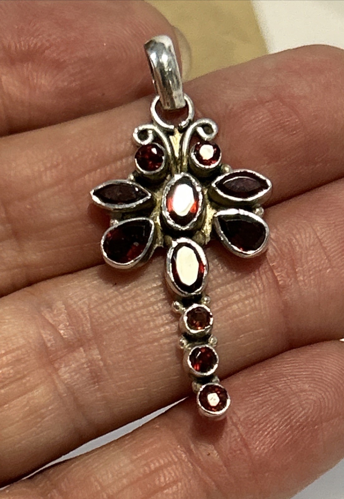 Vintage Sterling Silver & Garnet 4.1cm Long Pendant (4.14g)