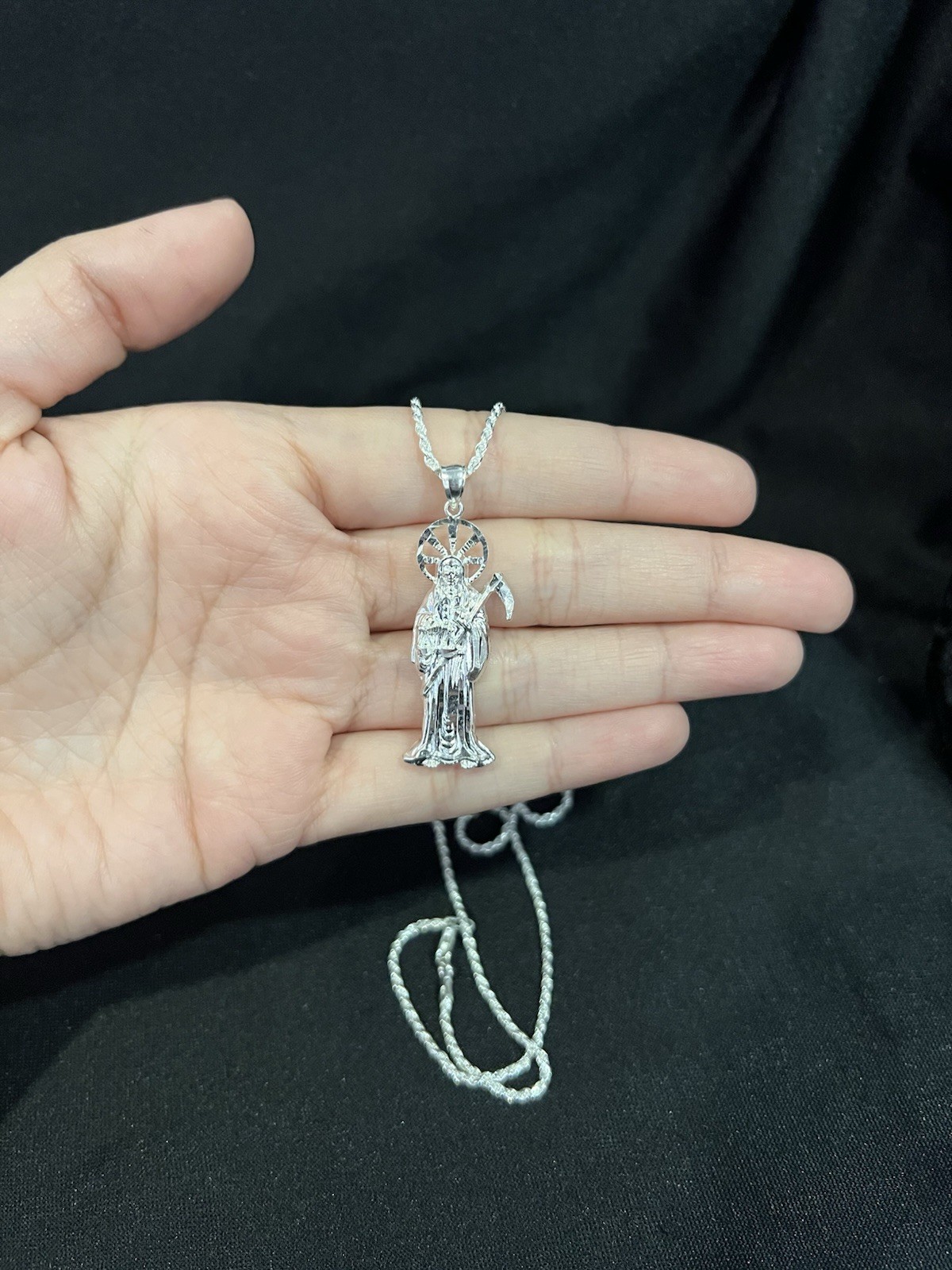 925 Sterling Silver Women Men Small Santa Muerte Grim Reaper & Rope Chain 18 24