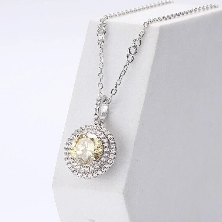 2Ct Round Cut Citrine & Diamond Halo Pendant 18″ Free Chain 14k White Gold FN