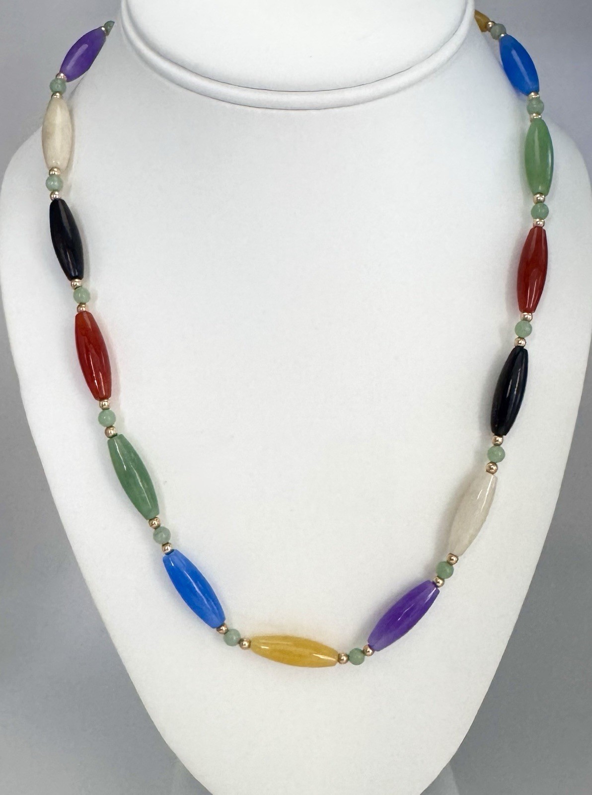 14K Gold Multi Color Jade Barrel Bead Necklace 20” Vintage Estate