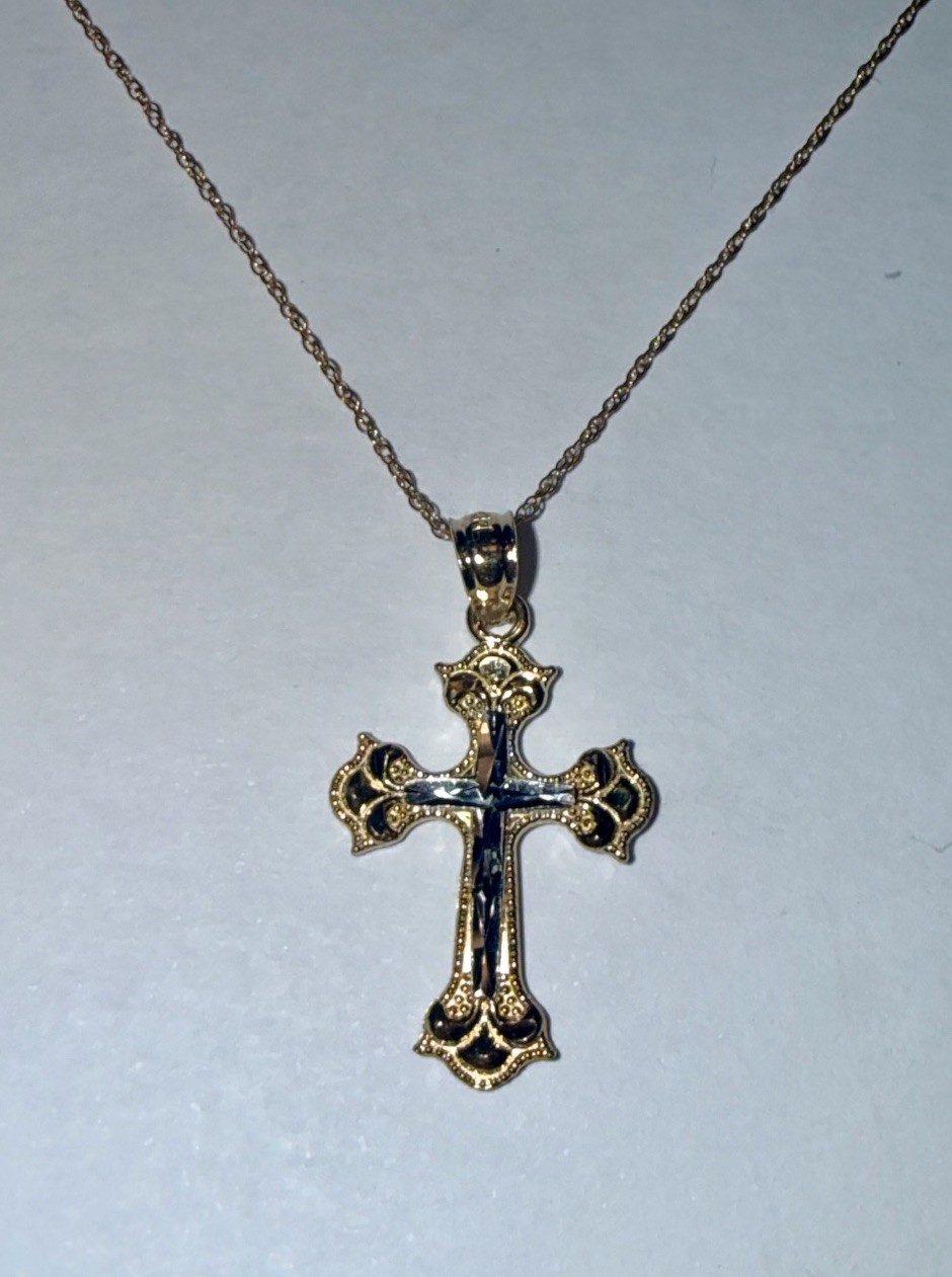 ESTATE Solid 10K Gold Fancy Cross Pendant Chain Necklace 18”