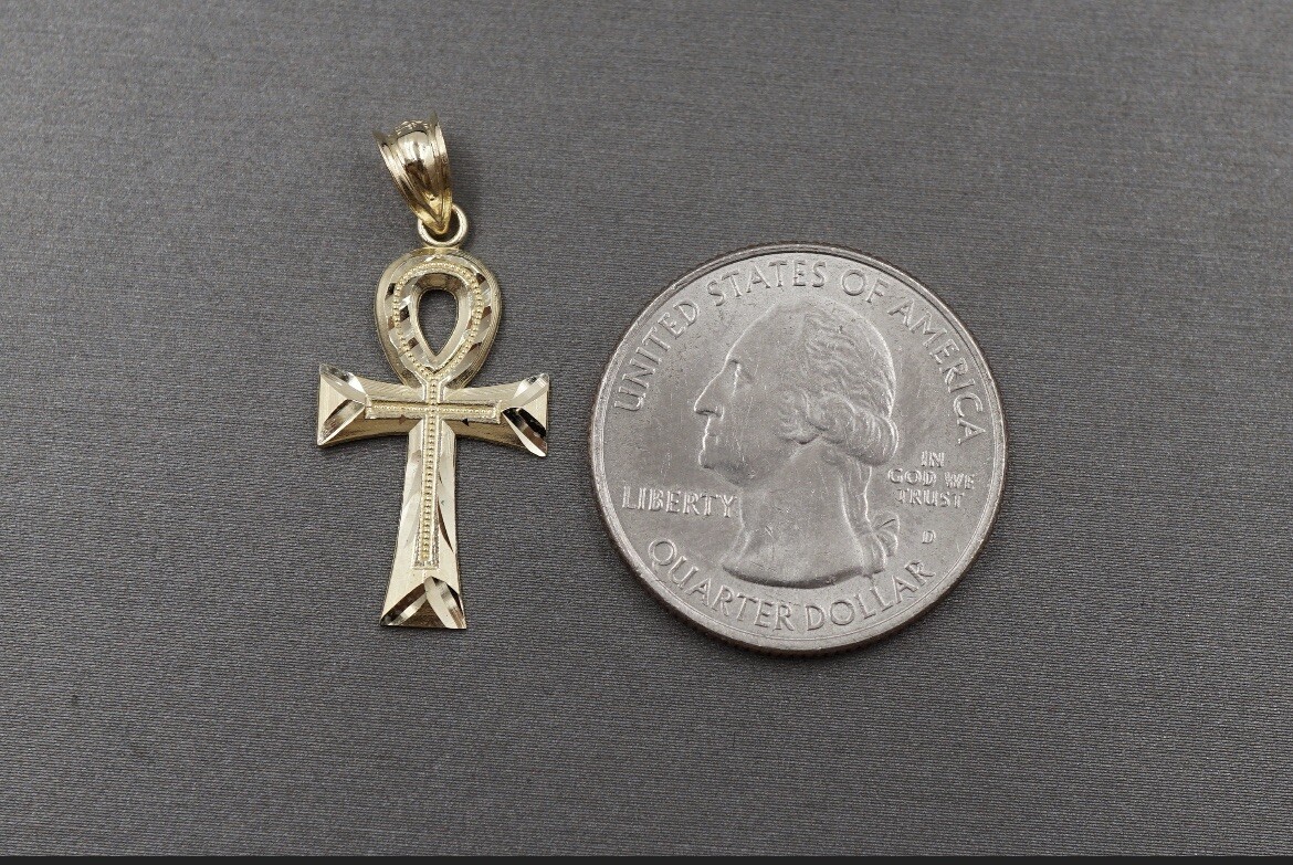 10K Solid Yellow Gold Men Women Diamond Cut Ankh Egyptian Cross Charm Pendant.