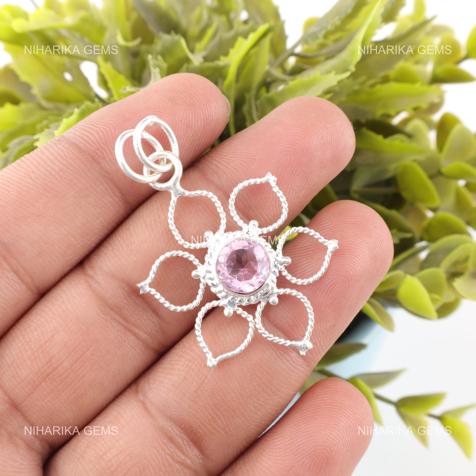 Sterling Silver Round Natural Kunzite Valentines Handcrafted New Pendant Jewelry
