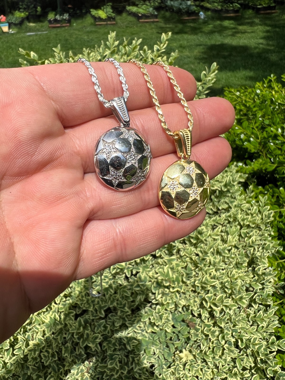 Real 925 Silver 14k Gold Plated Soccer Ball Futbol Star Pendant Necklace Icy CZ