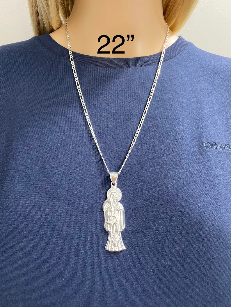 925 Sterling Silver Grim Reaper Santa Muerte Pendant / Figaro Necklace- ESP35