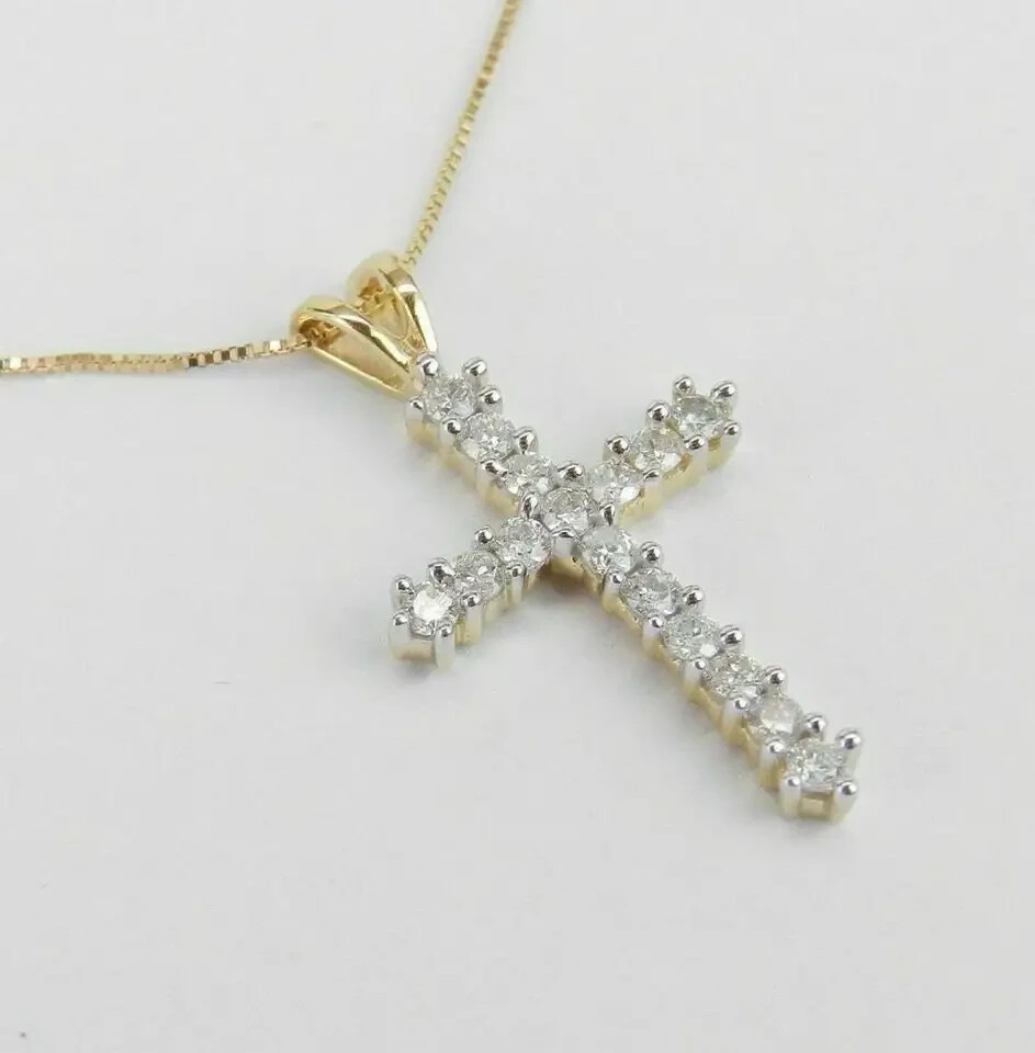 1.30Ct Round Cut Diamond Cross Pendant Necklace 14K Yellow Gold Over Free Chain