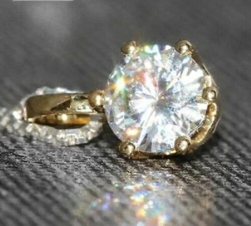 14K Yellow Gold Plated 2Ct Round Lab Created Diamond Solitaire Pendant Chain