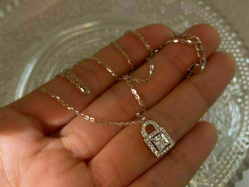 1CT Lab Created Diamond Crystal Lock Pendant Necklace 14K White Gold Finish