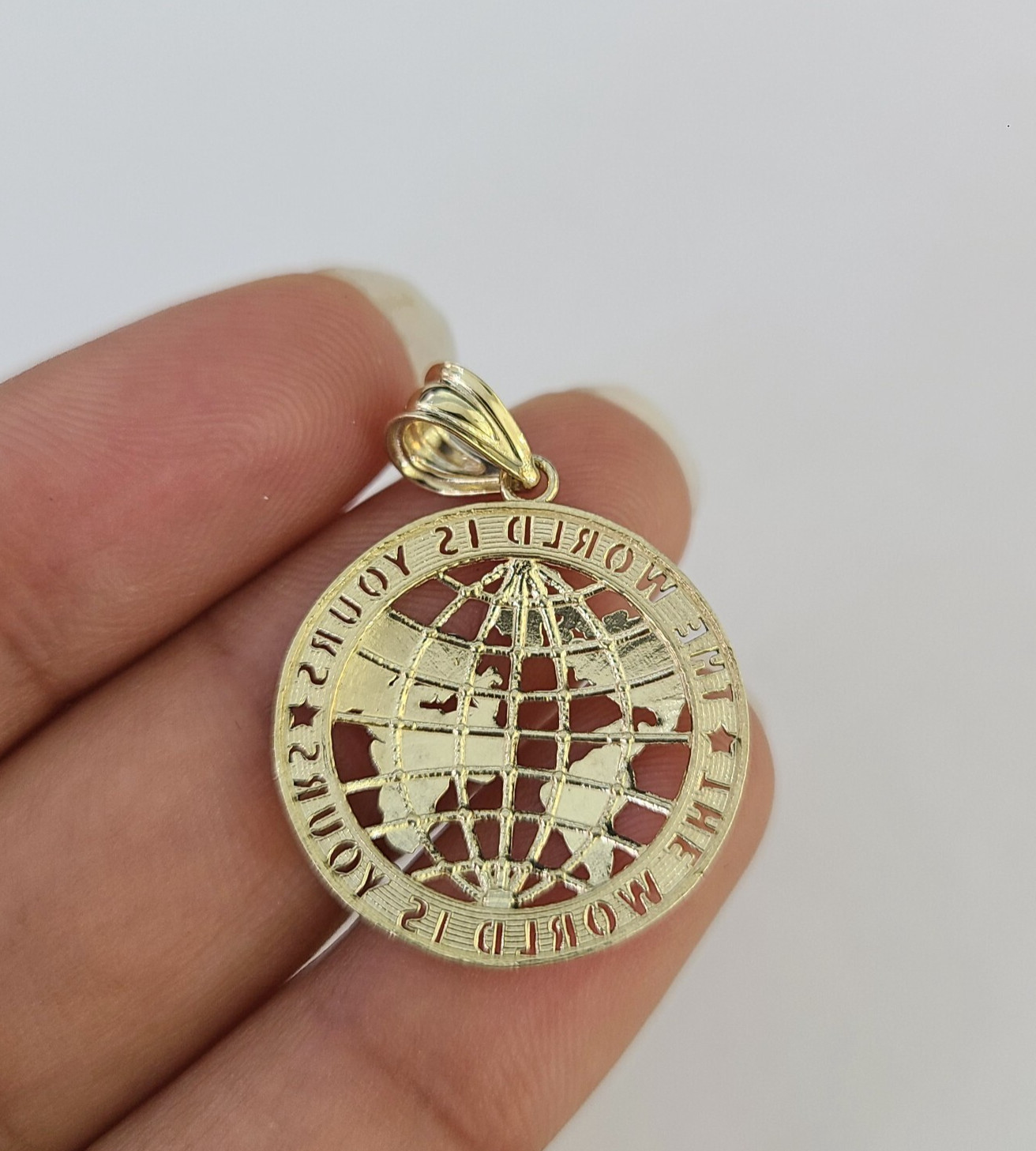 Real 10k The World is Yours Map Pendant Charm Yellow Gold Diamond Cut 10kt