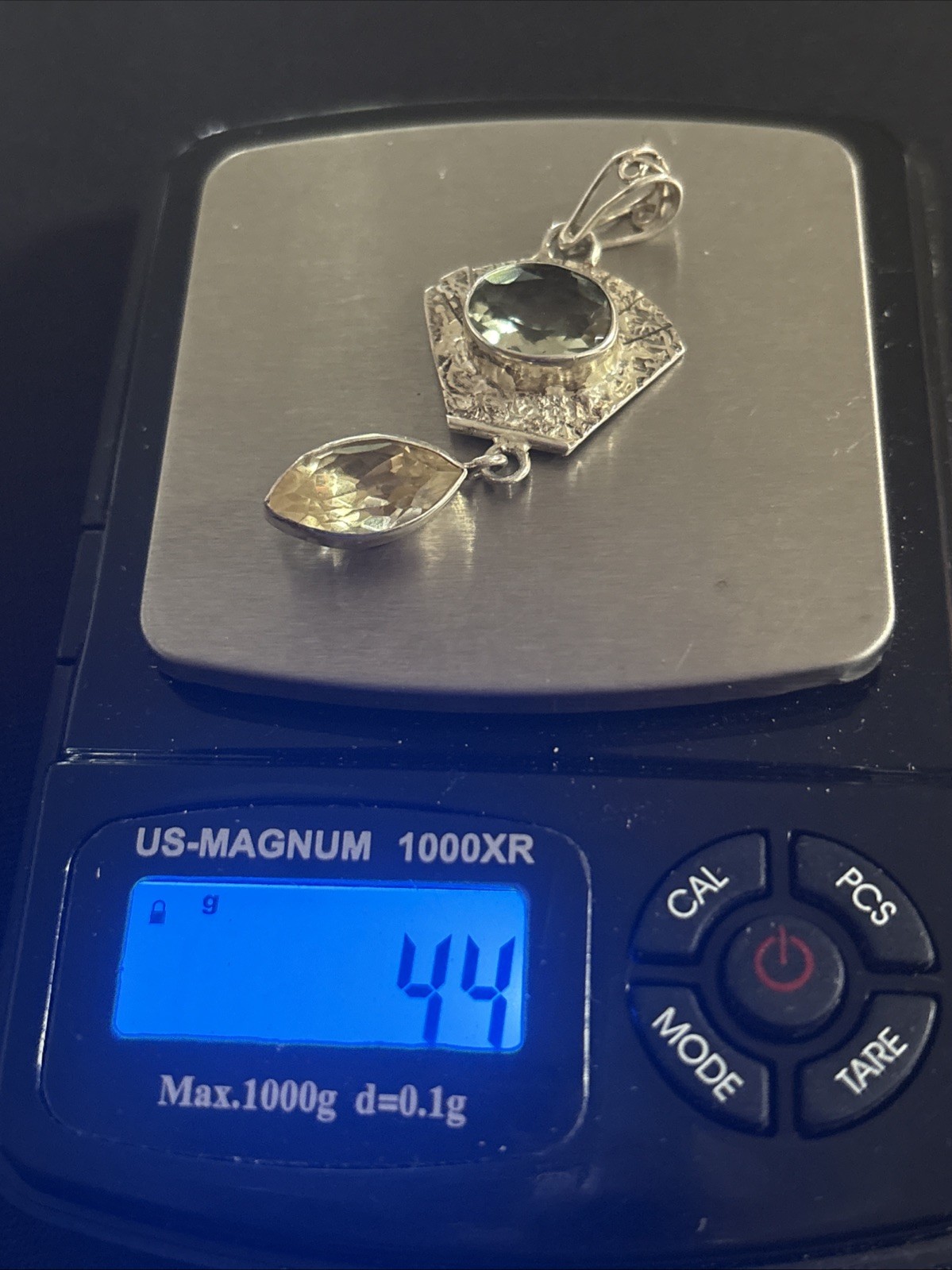 Vintage Green & Lemon Quartz 925 Sterling Silver Pendant 2” Long 4.4 Grams