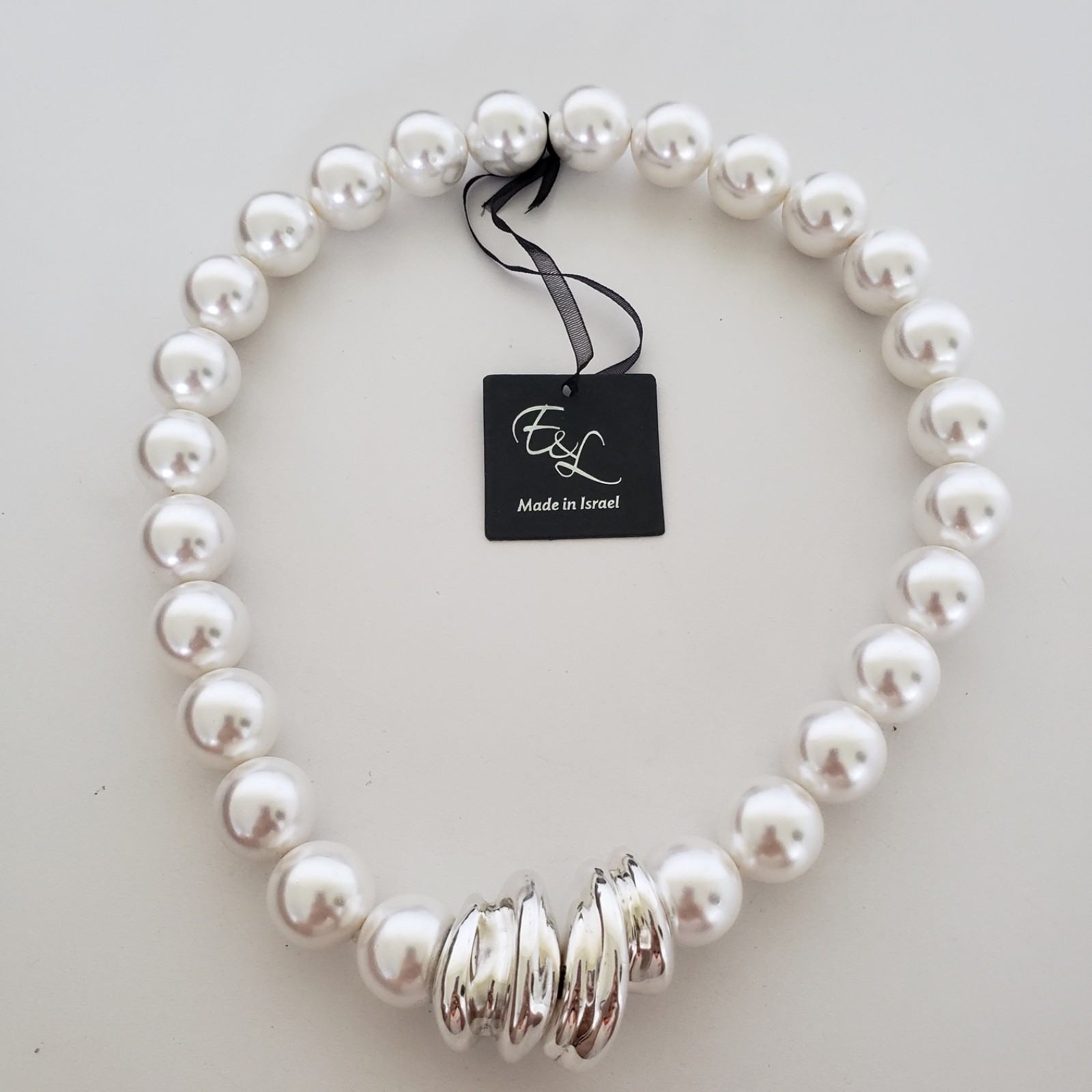 E&L Israel Sterling Silver Electroform Shell Pearl Beaded Necklace 18″
