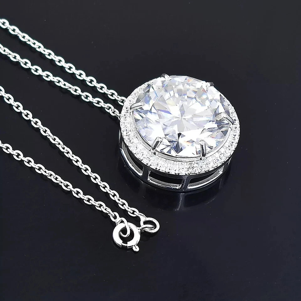 3Ct Round Cut Moissanite Solitaire Halo Pendant Necklace 14K White Gold Finish