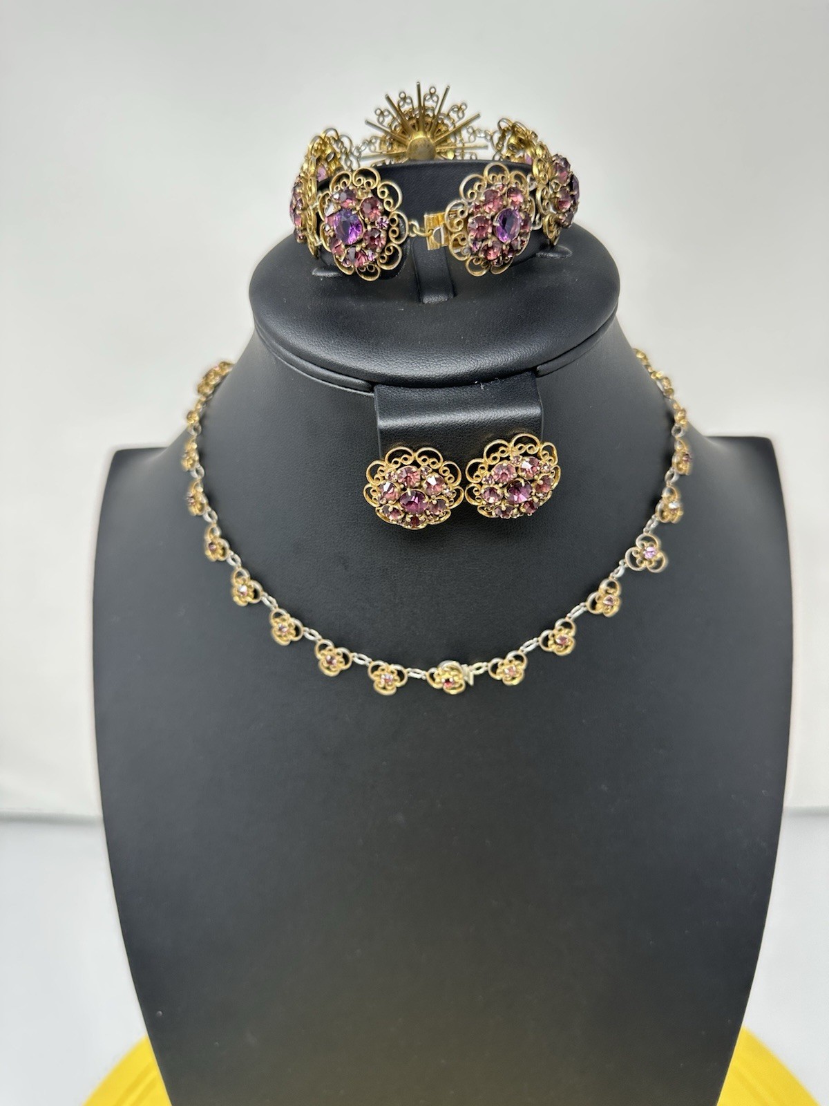 Sterling Silver Amethyst Floral Choker Necklace Bracelet Earrings Set 60g 16” 6”