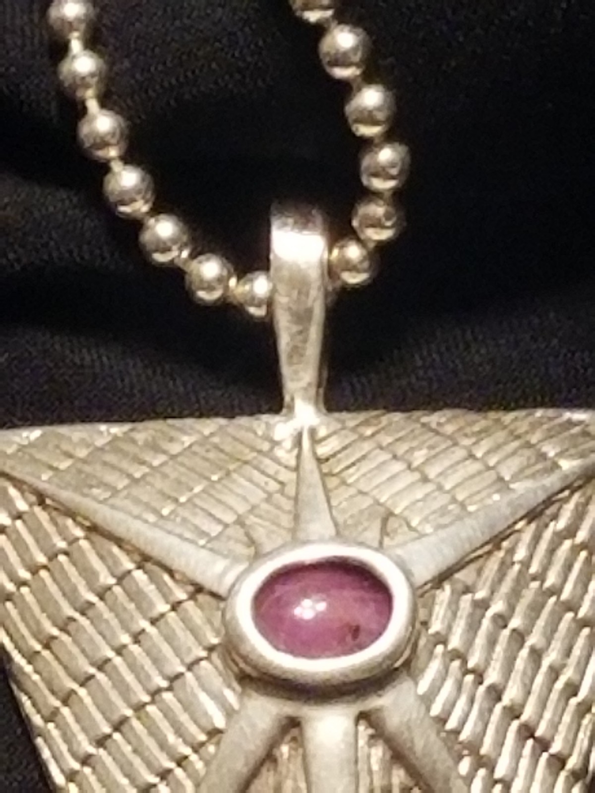 WES WILLIE Signed Pendant,.925 Silver Chain Hammered Pyramid All Seeing Red Ruby