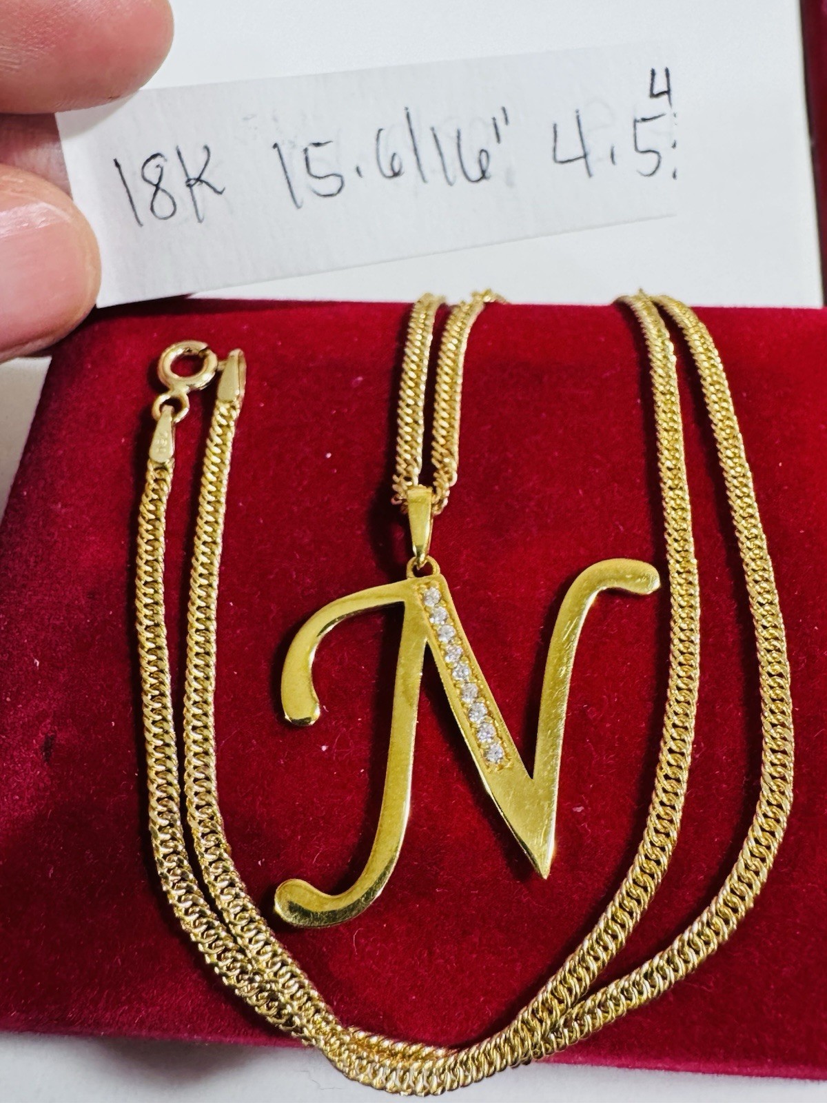 18K 750 Genuine Gold Letter N Set Necklace 15.6/16” Inch Long 4.54g 2.2mm