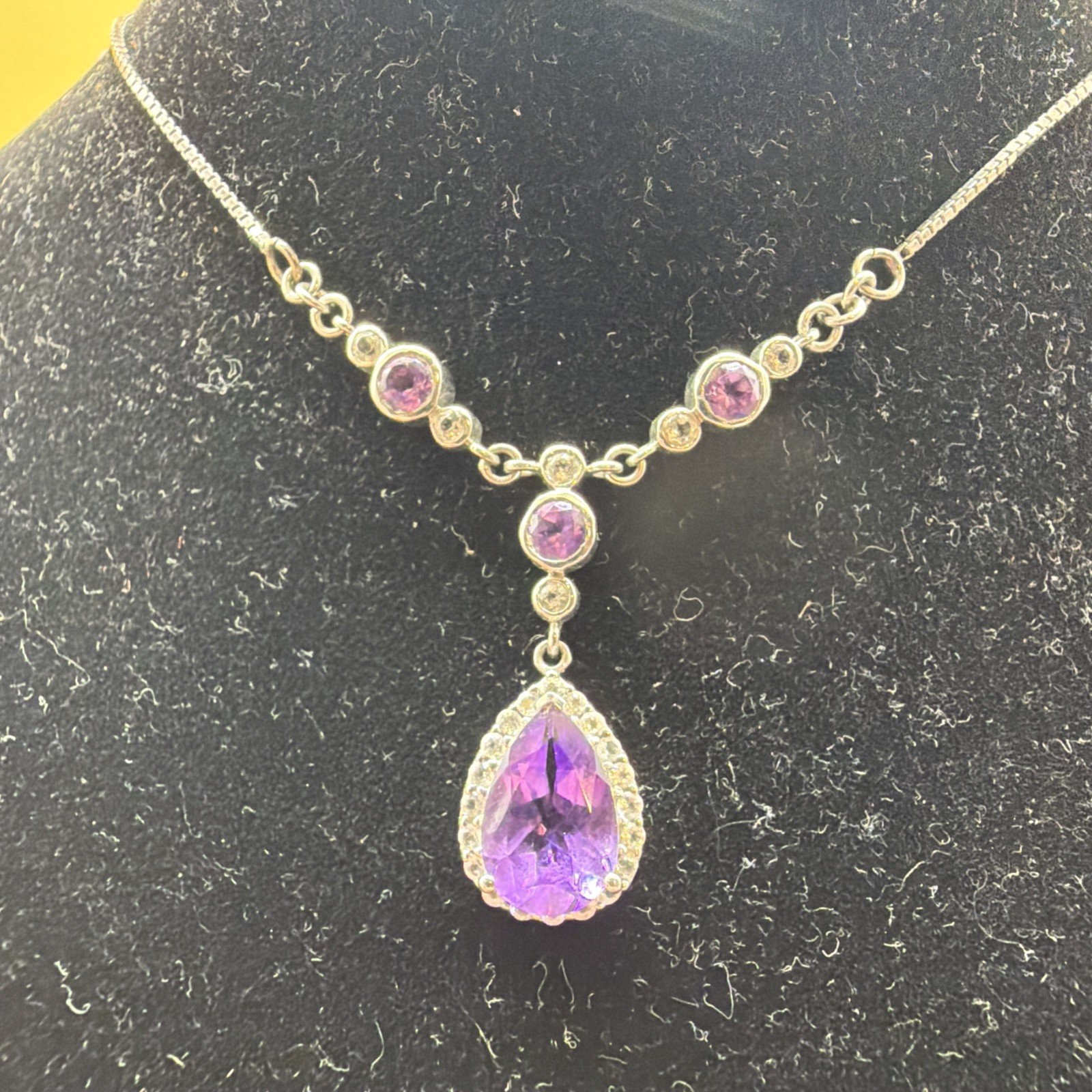 Beautiful Faceted Amethyst Teardrop Pave Halo Vintage Sterling Necklace 18”!