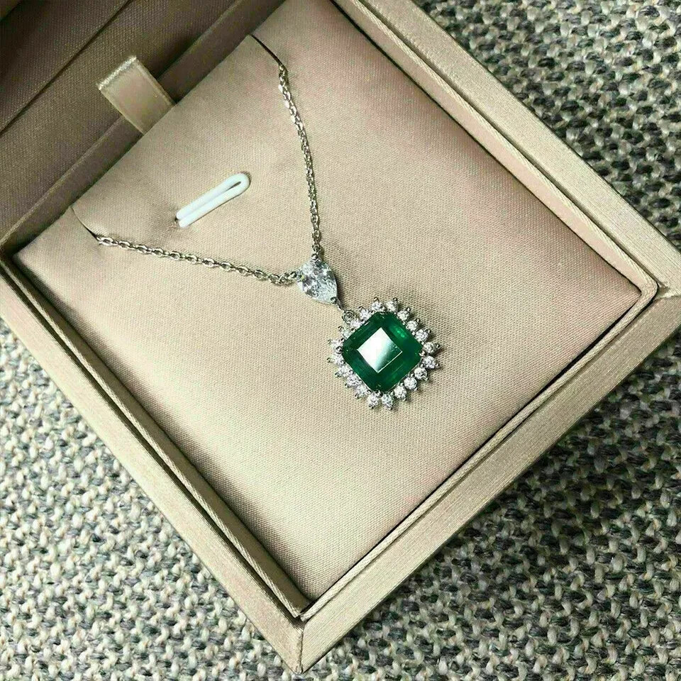 3Ct Asscher Cut Green Emerald Diamond Halo Pendant 14K White Gold Finish Chain