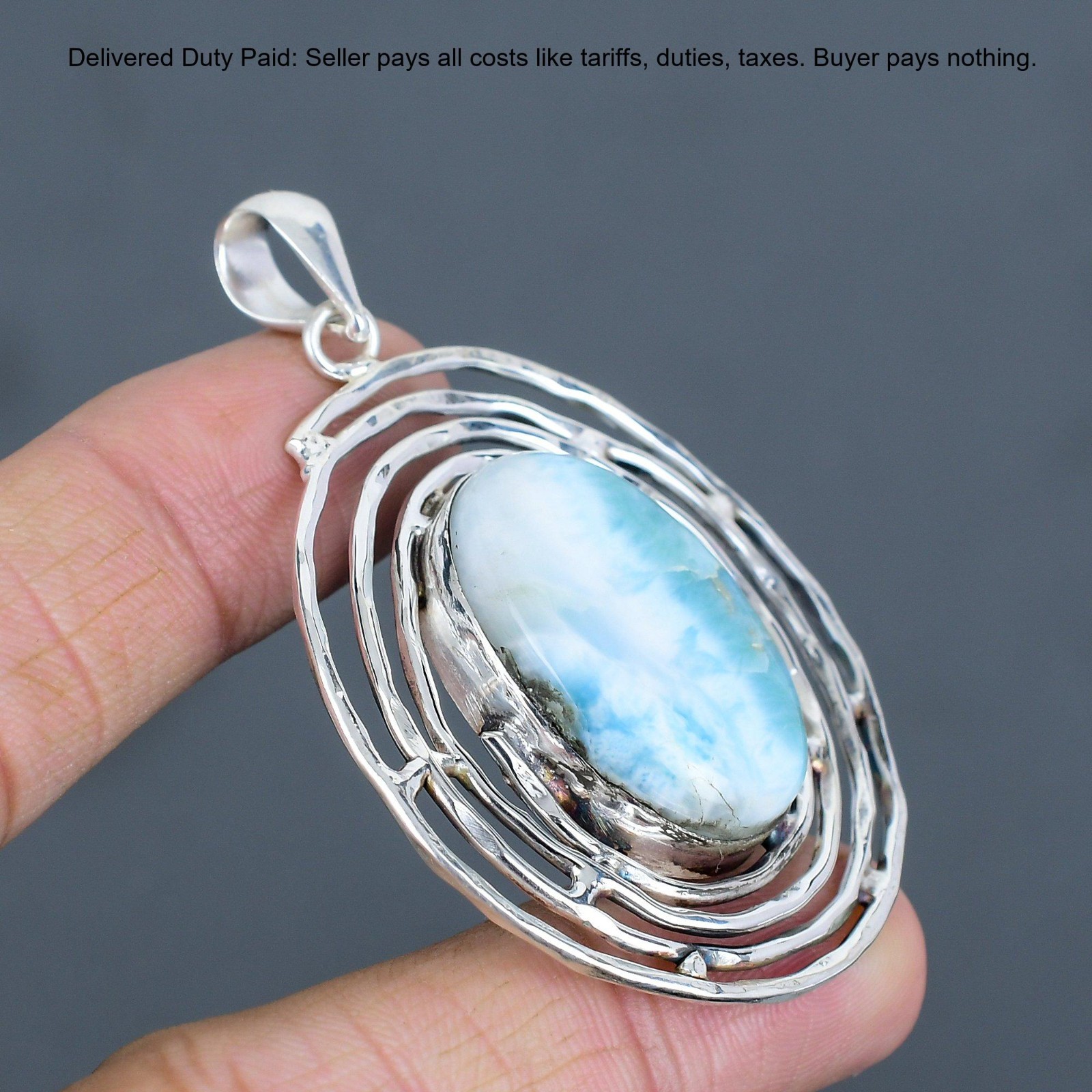 925 Sterling Silver Oval Larimar Gemstone Throat Chakra Birthday Sister Pendant