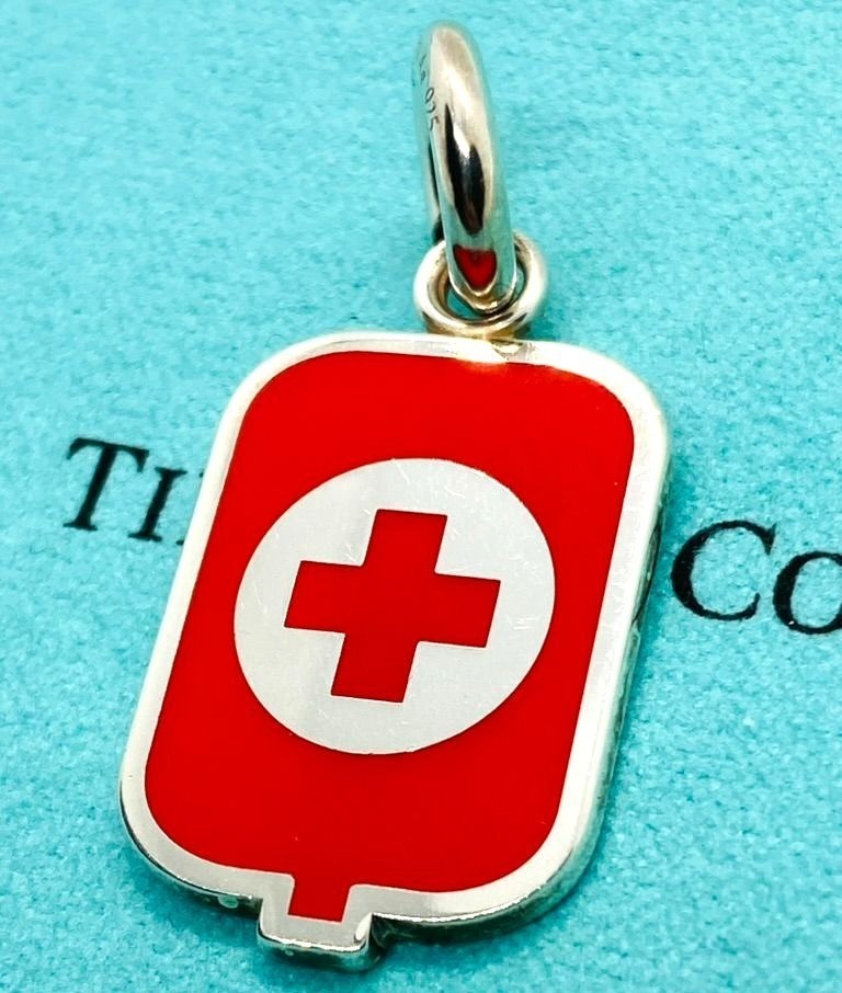 Tiffany & Co Enamel Red Cross Medical Charm Pendant Sterling Silver 925