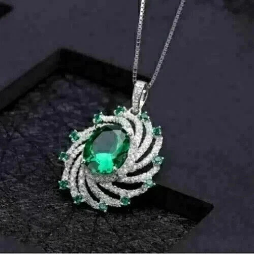 2Ct Oval Cut Lab Created Green Emerald Elegant Pendant In 14K White Gold Plated