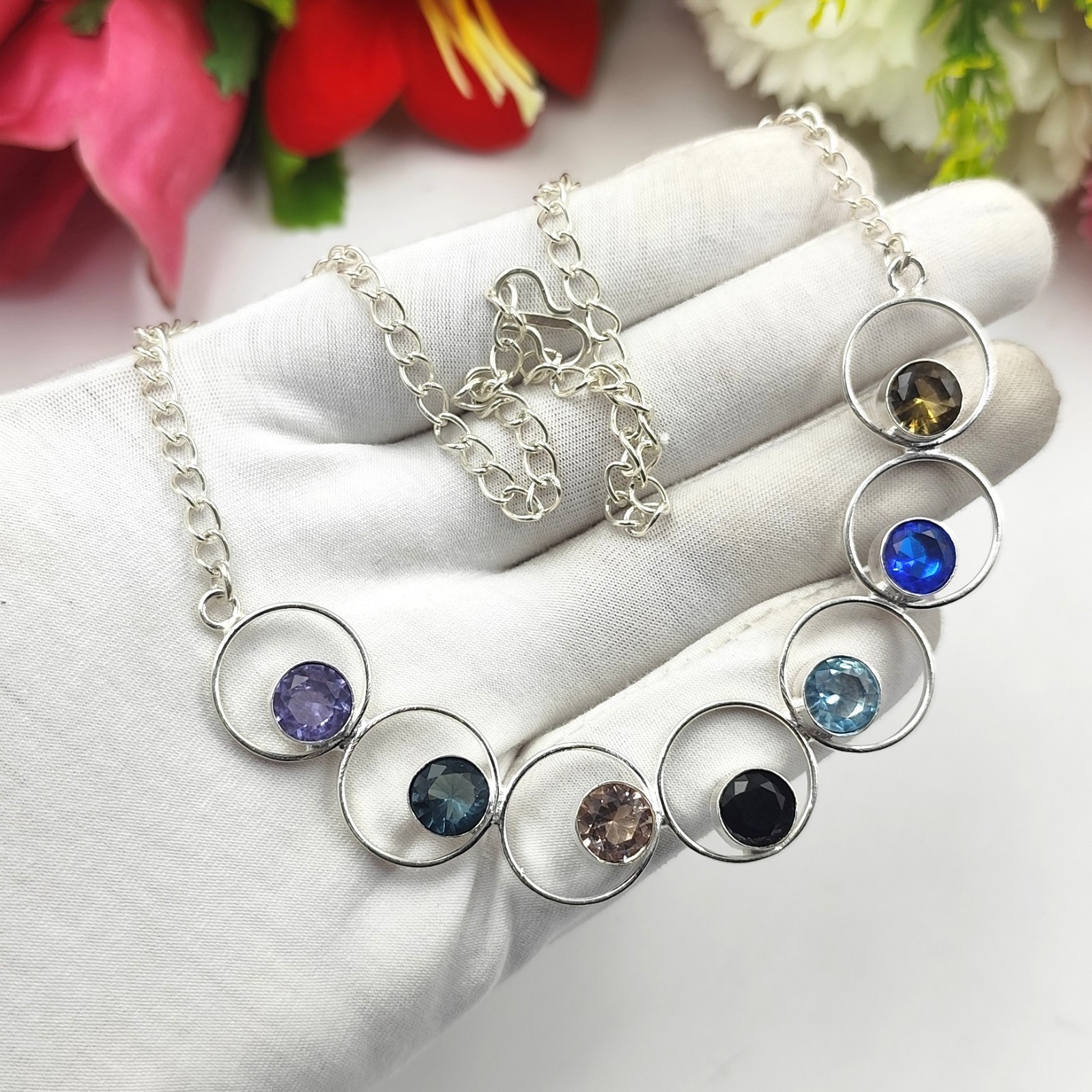 Multi Color Gemstone Handmade 925 Sterling Silver Jewelry Necklace Sz-17-18″