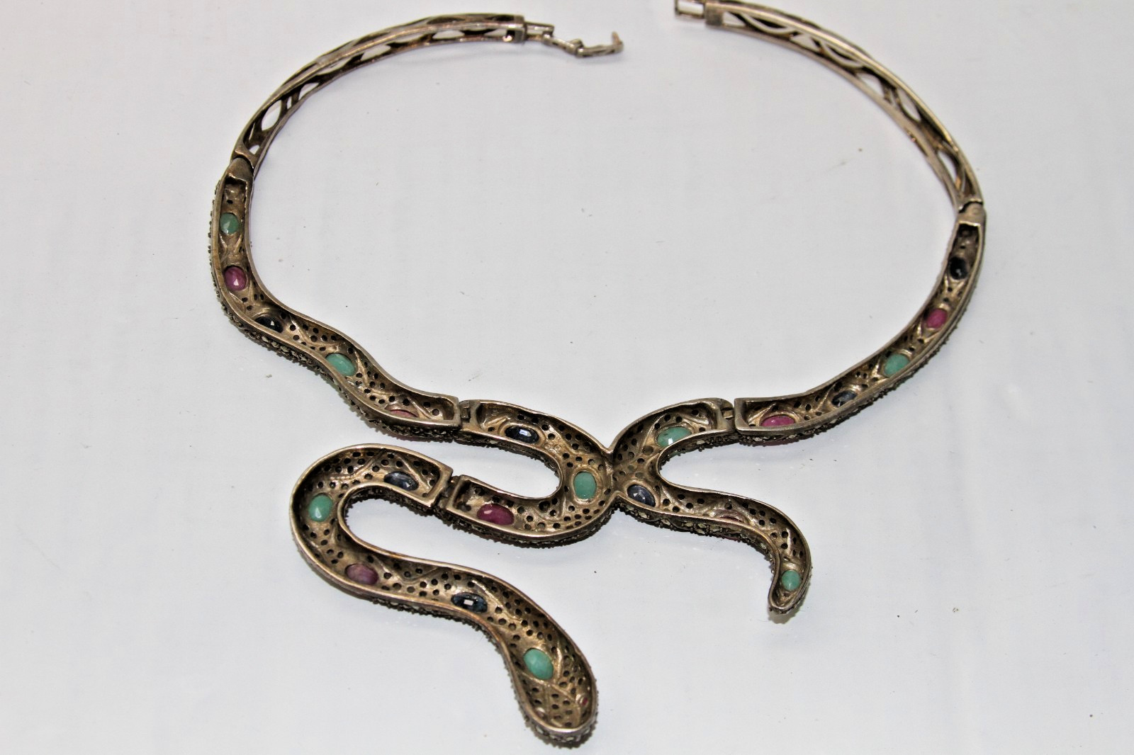 Ruby, Emerald, Sapphire, Marcasite Snake Necklace 925 Sterling Silver 77g