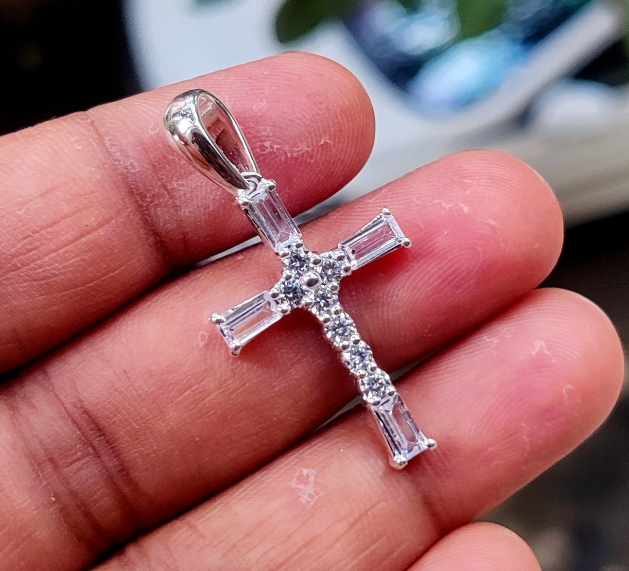 2Ct Bagutte Cut Natural Moissanite Cross Pendant 14K White Gold Plated Silver