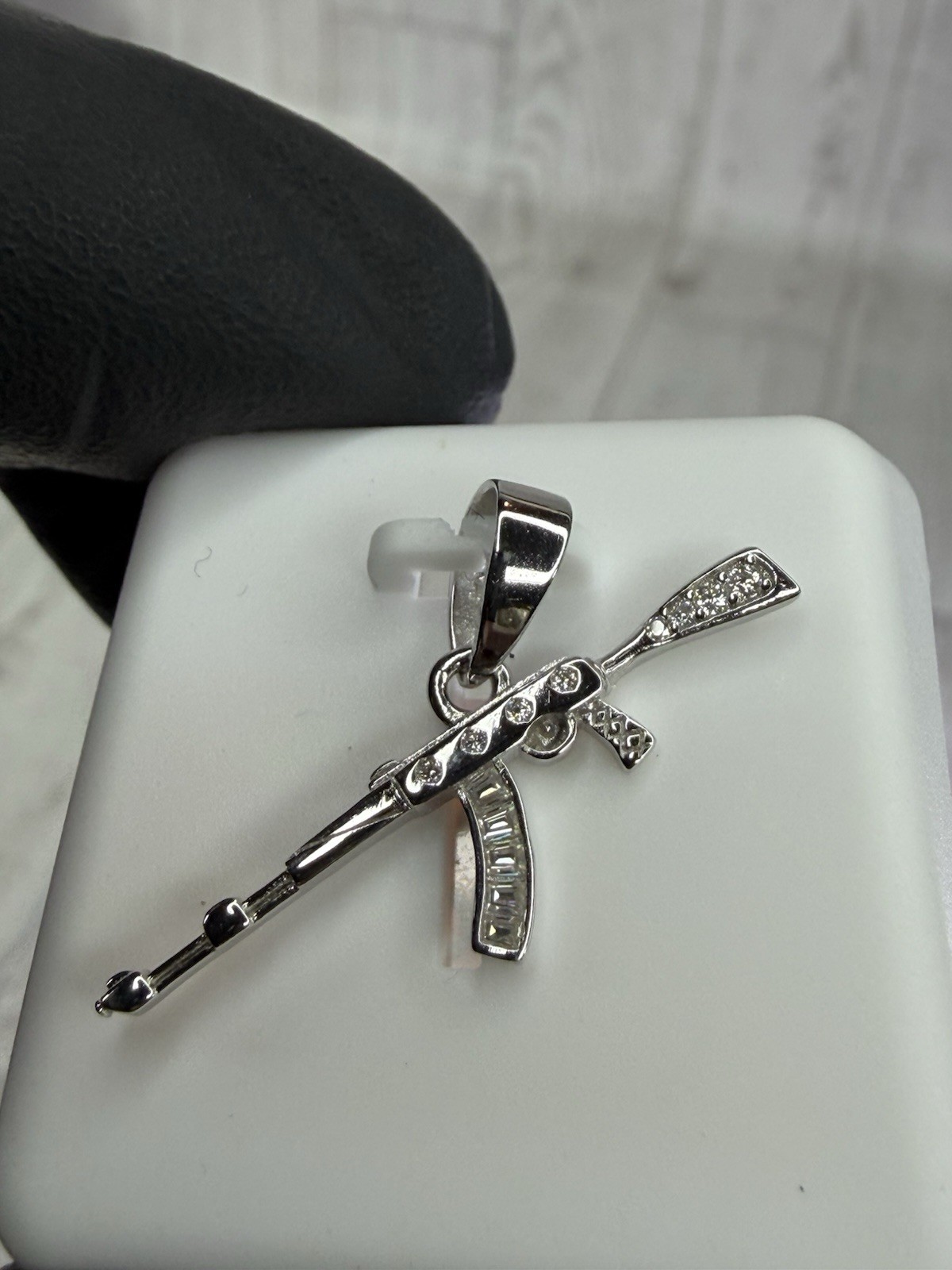 925 Sterling Silver White/Colorless Moissanite AK-47 Rifle Charm Pendant 0.50CTW