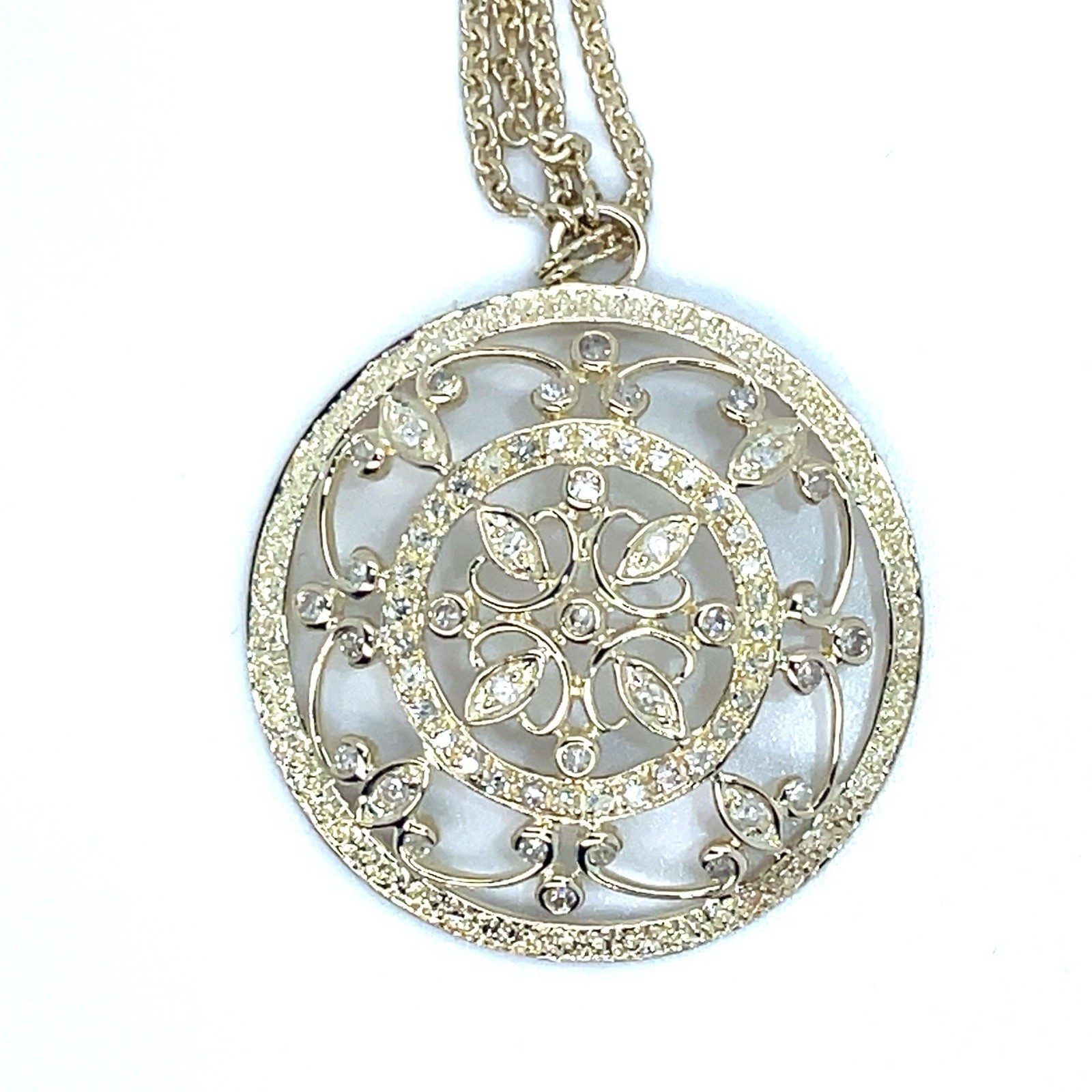 14k Yellow Gold .70 Ct Diamond Filigree 1-3/16″ Circle Chain Necklace 18″-11.7Gr