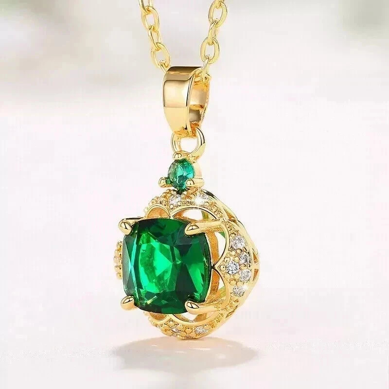 2CT Cushion Cut Lab-Created Green Emerald Diamond Pendant 14K Yellow Gold Plated