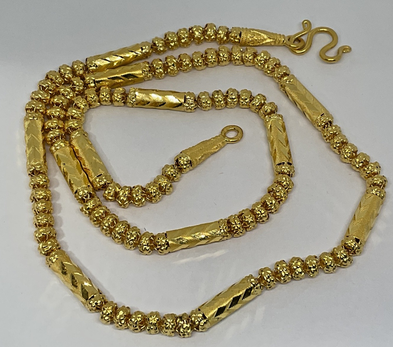 Thai 23K Solid Yellow Gold Bead Bamboo Link Necklace 30.5 Grams Tested 24″ long