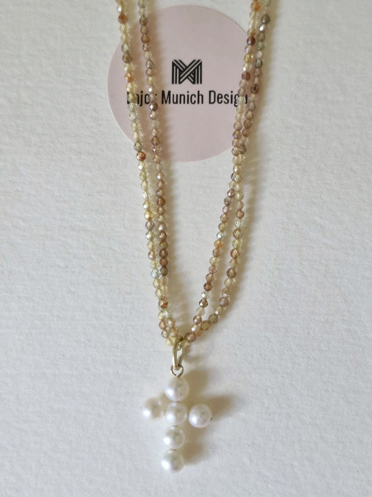 Natural ZIRCON Necklace 70cm With Akoya Pearls CROSS Removable.