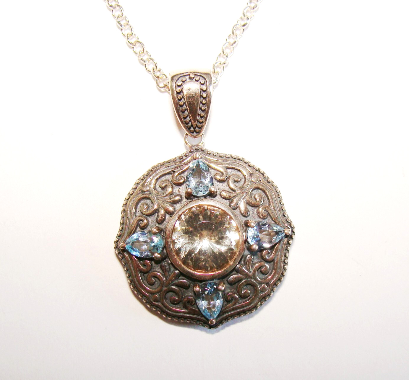 HT Sterling Silver Citrine Blue Topaz Round Shield Ethnic Pendant & 18″ Necklace