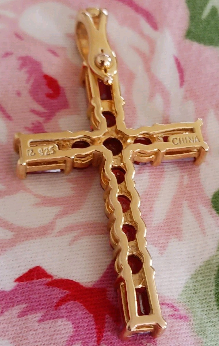 🌸JTV, VERMELLO GARNET, “ENHANCER”, CROSS, DESIGNER, FANCY “R” 18K OVER STERLING
