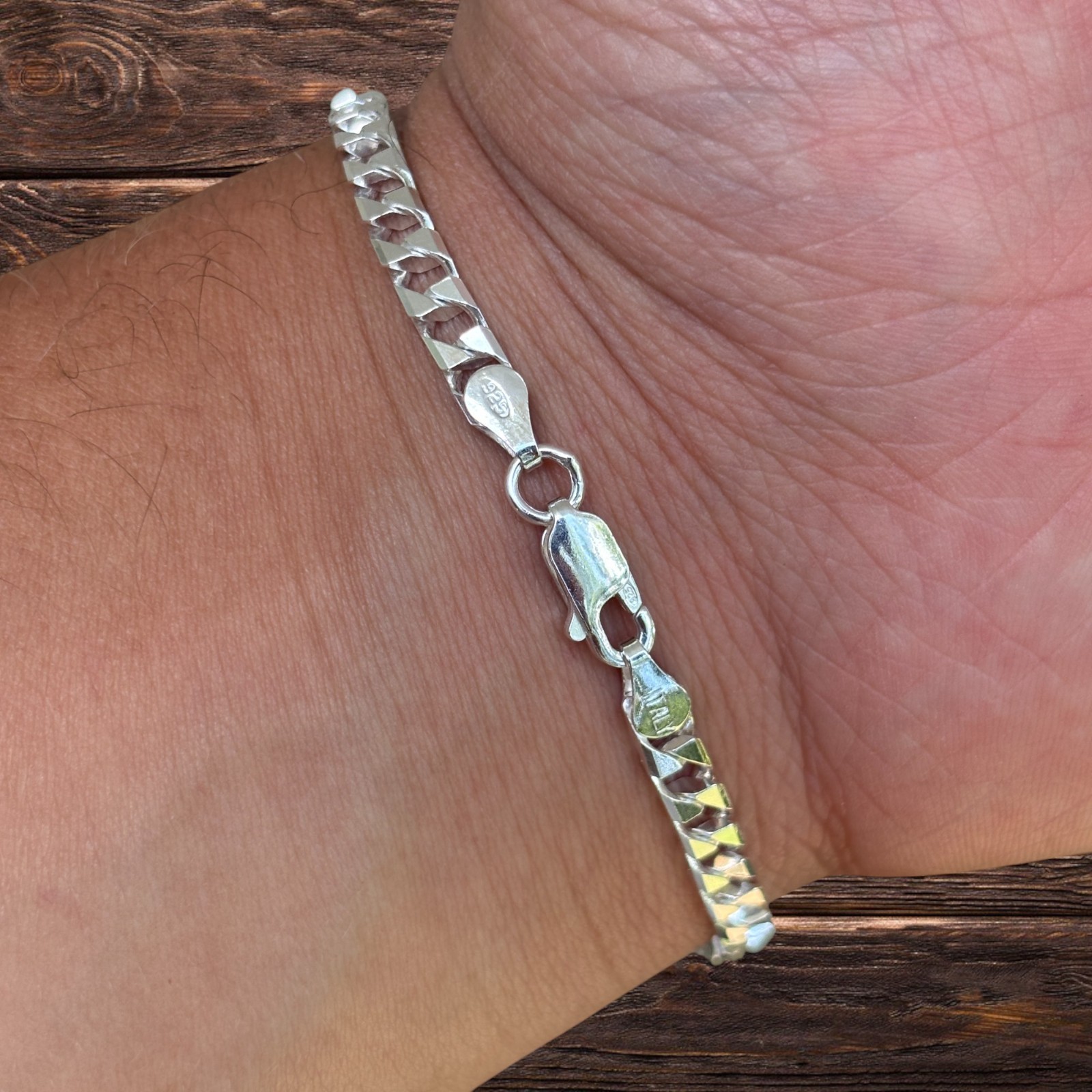 4mm Square Curb Link Bracelet – Real Solid 925 Sterling Silver MADE IN ITALY