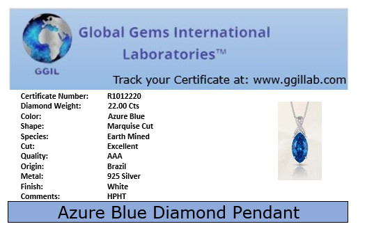 HUGE 22 Ct Certified Azure Blue Diamond Pendant Necklace-FREE Diamond Studs