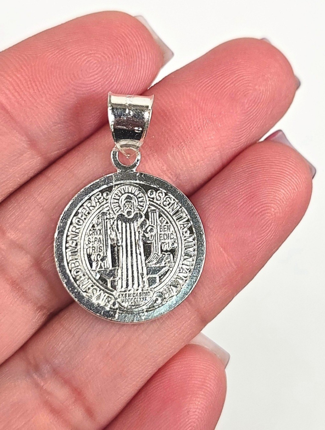 St Benedict Medal Pendant Round 925 Sterling Silver San Benito Charm 24mm